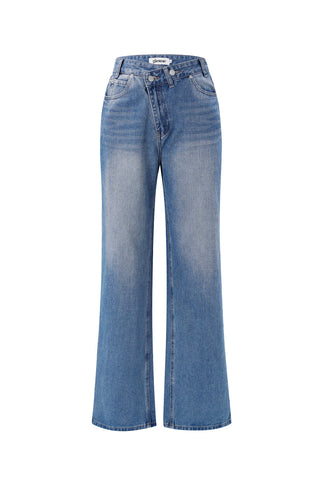Denim jeans slanted zipper